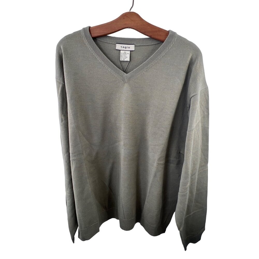 Tagio Mens Sweater XXL Light Green V-Neck Merino Wool Blend Classic Fit Knit
